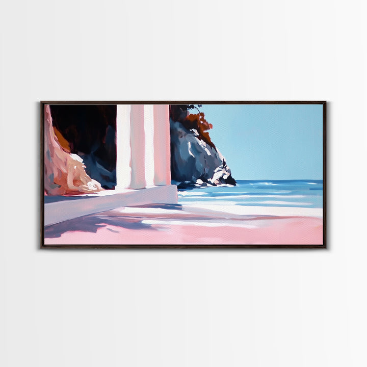 Coastal Retreat, Mediterranean Art, Framed Canvas Print, Beach House Decor, Minimalist Seascape, Pastel Ocean Painting, Modern Wall Art