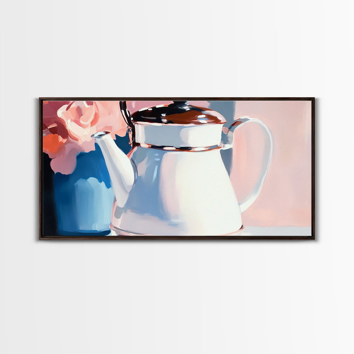 Teapot Charm, Vintage Still Life, Framed Canvas Print, Cottagecore Kitchen Decor, Shabby Chic Art, Pastel Home Aesthetic, Cozy Wall Art