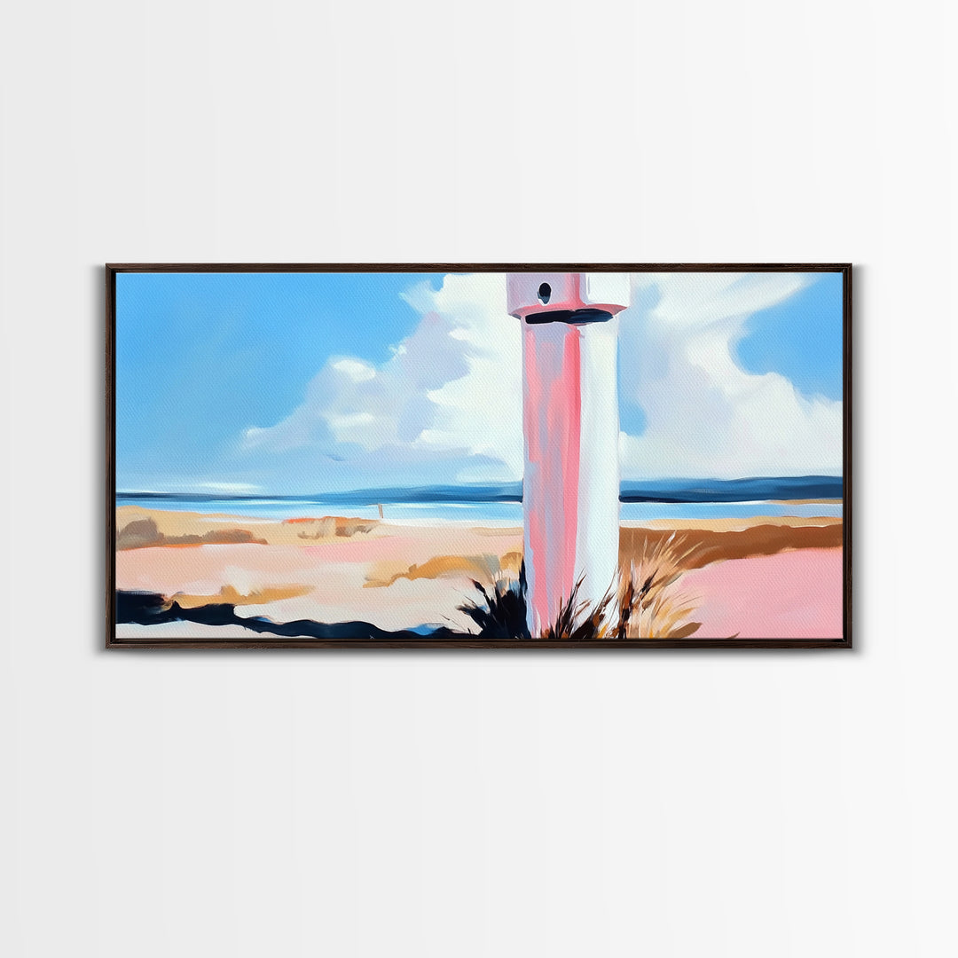 Coastal Lighthouse, Beach Wall Art, Nautical Decor, Ocean Landscape, Seaside Home, Modern Minimalist, Framed Canvas Print