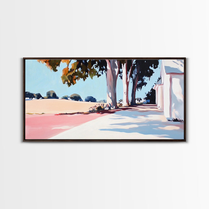 Country Road, Rural Landscape, Serene Nature, Golden Fields, Rustic Farmhouse, Countryside Charm, Warm Autumn Hues, Canvas Print