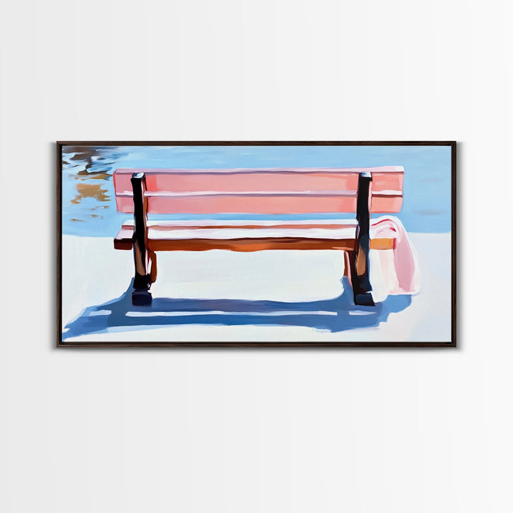 Park Bench, Peaceful Moment, Minimalist Art, Living Room Wall Art, Pastel Landscape, Framed Canvas Print, Impressionist Style, Soft Blue Pink