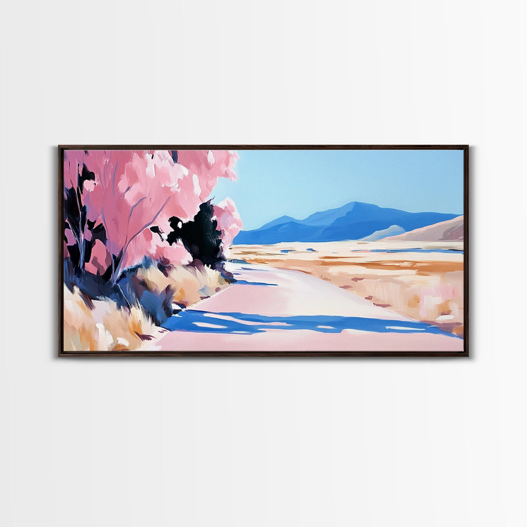 Blossoms, Mountain Path, Scenic Landscape Art, Nature Painting, Boho Decor, Framed Canvas Print, Pastel Pink Trees, Serene Wall Art