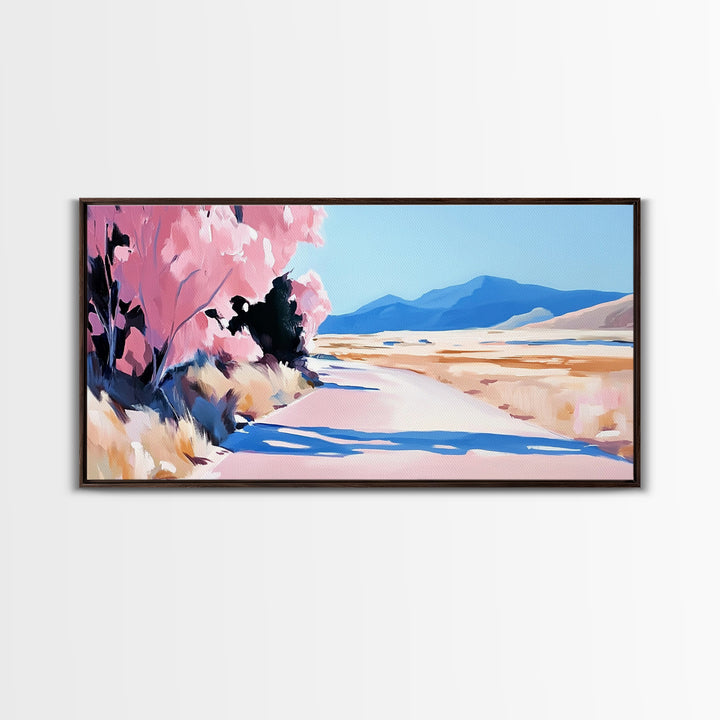 Blossoms, Mountain Path, Scenic Landscape Art, Nature Painting, Boho Decor, Framed Canvas Print, Pastel Pink Trees, Serene Wall Art