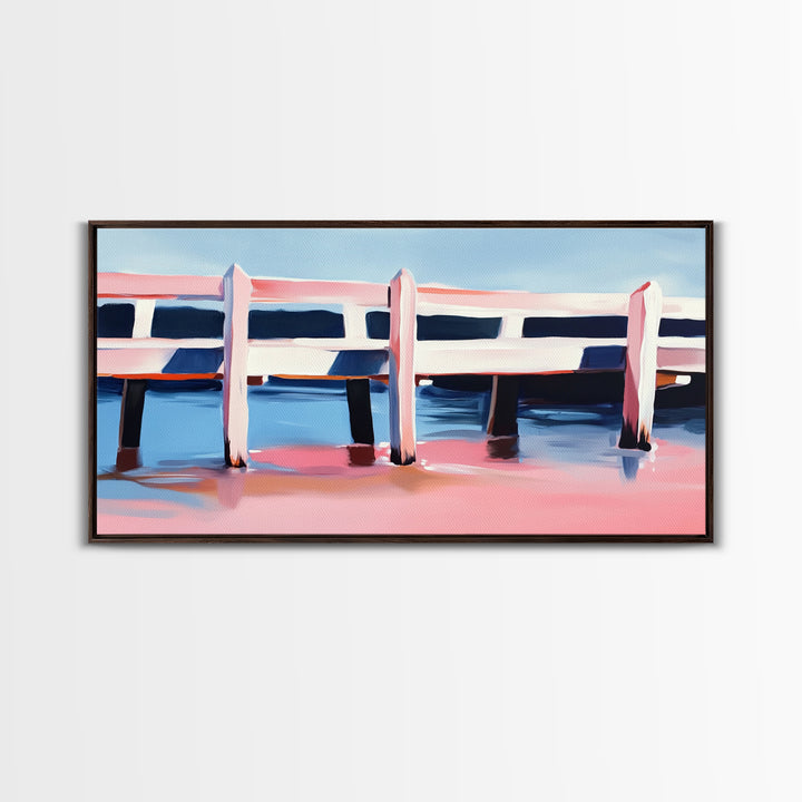 Dock, Reflections, Landscape Art, Nautical Decor, Serene Water Painting, Framed Canvas Print, Minimalist Seaside Art, Blue Pink Aesthetic