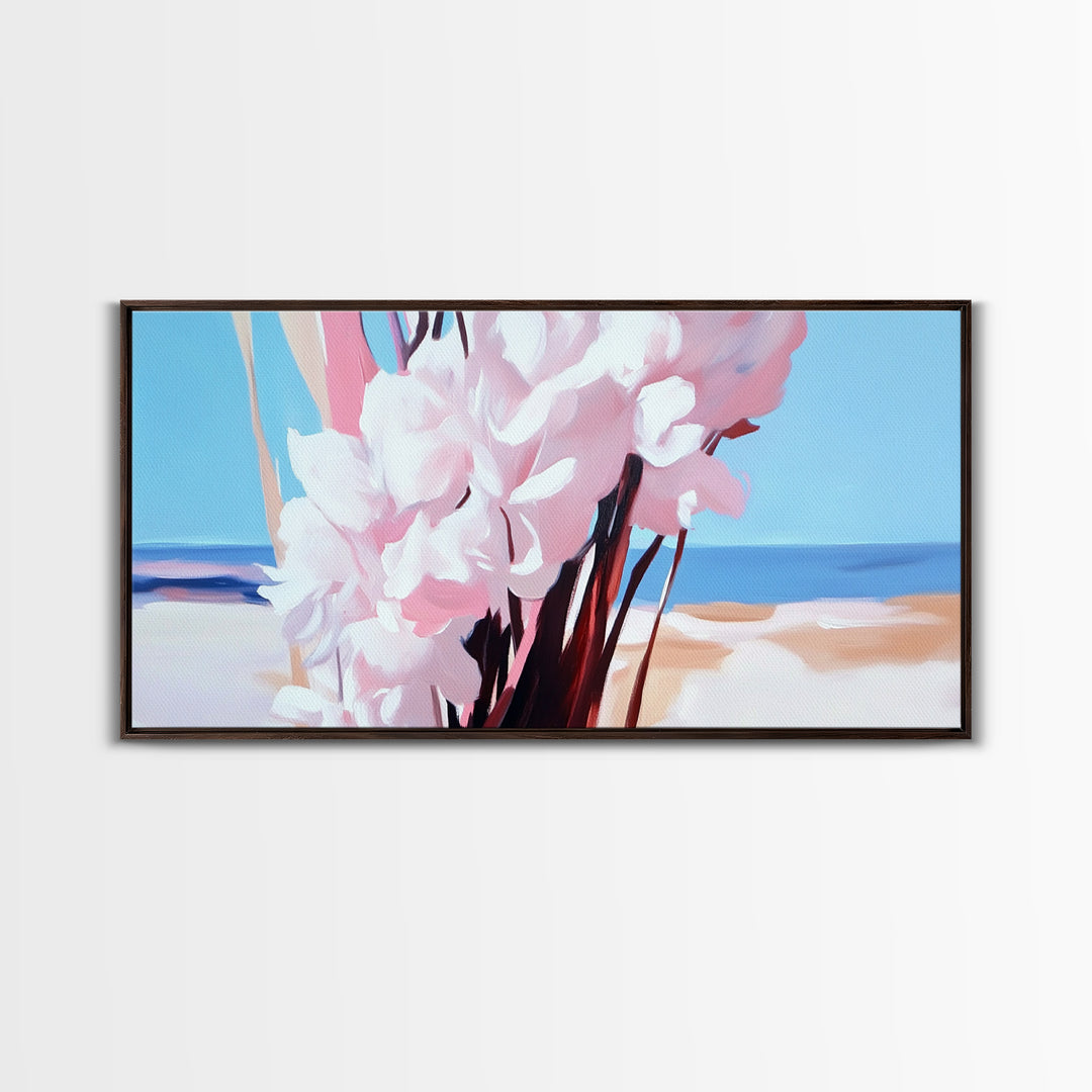 Coastal Flowers, Beach House Art, Pink Blossom Painting, Nature Wall Art, Minimalist Decor, Framed Canvas Print, Modern Living Room