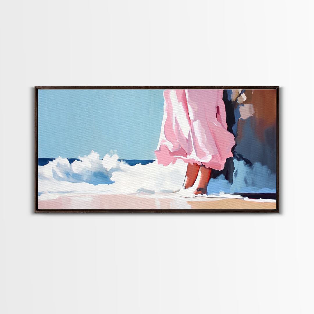 Ocean Breeze, Pink Dress, Coastal Art, Modern Seascape, Minimalist Wall Art, Living Room Decor, Beach Aesthetic, Canvas Print