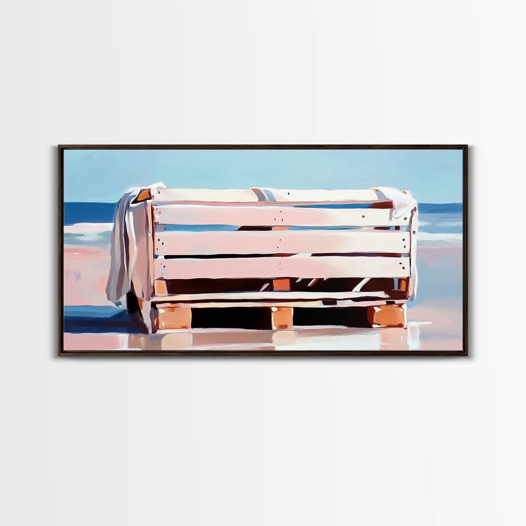 Beach Crate, Coastal Chic, Minimalist Seaside Art, Relaxing Ocean Decor, Modern Nautical Aesthetic, Living Room Wall Art, Canvas Print