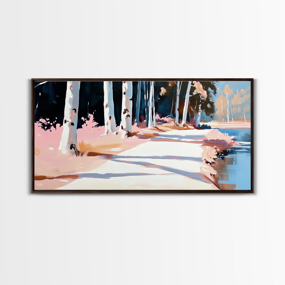 Birch Path, Autumn Landscape, Tranquil Nature Art, Minimalist Forest Print, Warm Neutral Tones, Living Room Wall Art, Canvas Print