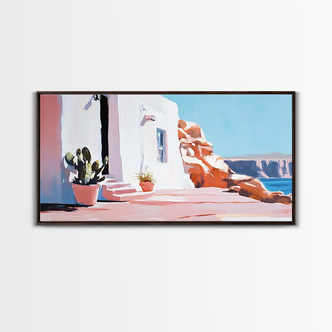Cliffside House, Mediterranean Wall Art, Travel Print, Santorini Inspired Decor, Minimalist Aesthetic, Framed Canvas Print, Living Room