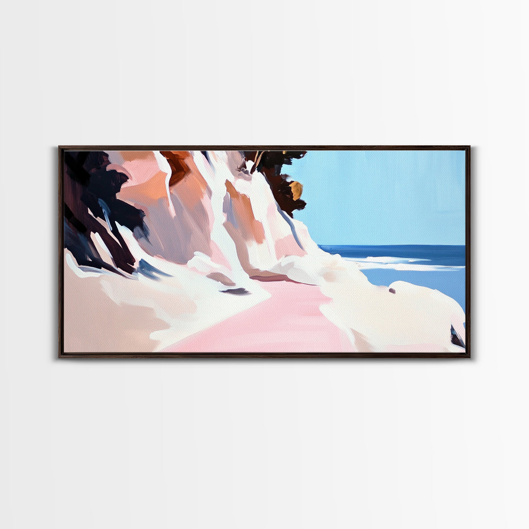 Coastal Path, Beach Cliffside Art, Ocean Landscape Print, Tranquil Summer Wall Art, Minimalist Pastel Decor, Framed Canvas Print