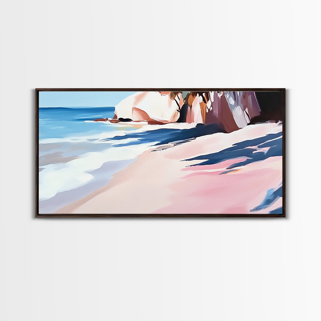 Ocean Shoreline, Rocky Beach, Blue Waves, Canvas Print, Modern Coastal Art, Beach House Decor, Living Room Wall Art, Minimalist Seascape