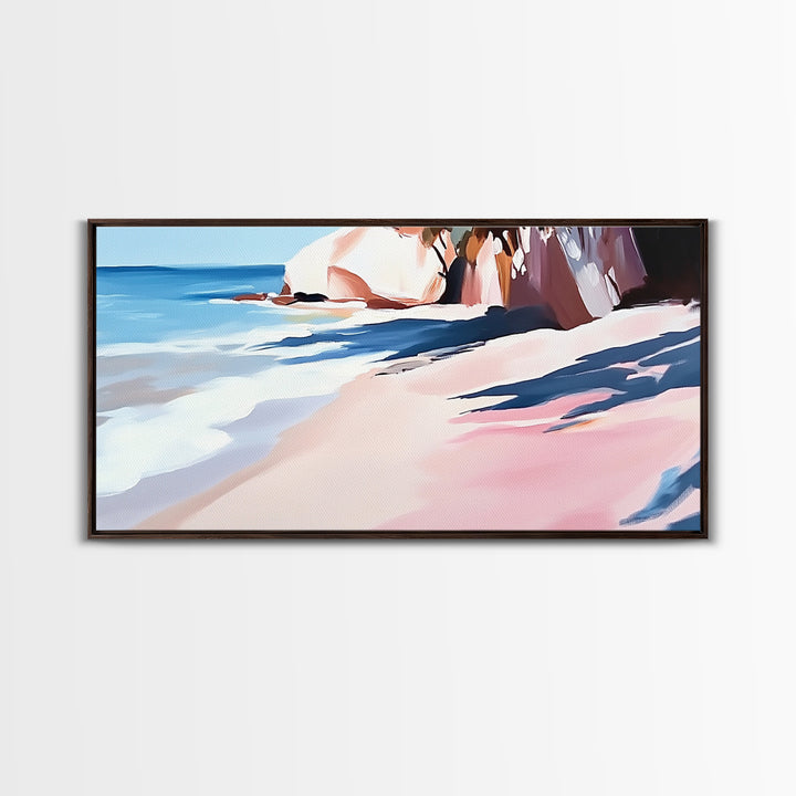 Ocean Shoreline, Rocky Beach, Blue Waves, Canvas Print, Modern Coastal Art, Beach House Decor, Living Room Wall Art, Minimalist Seascape