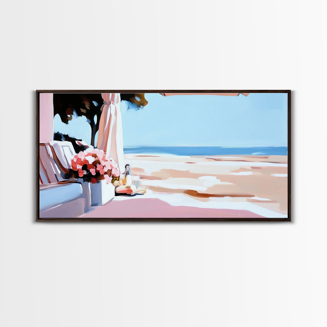 Beachside Terrace, Relaxing View, Oceanfront Art, Canvas Print, Coastal Home Decor, Nautical Painting, Living Room Wall Art, Blue Art