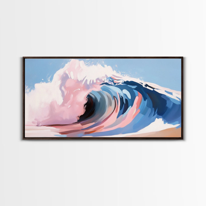 Ocean Wave, Abstract Seascape, Beach Aesthetic, Coastal Home, Canvas Print, Modern Beach House Wall Art, Blue and Pink Waves, Surf Art
