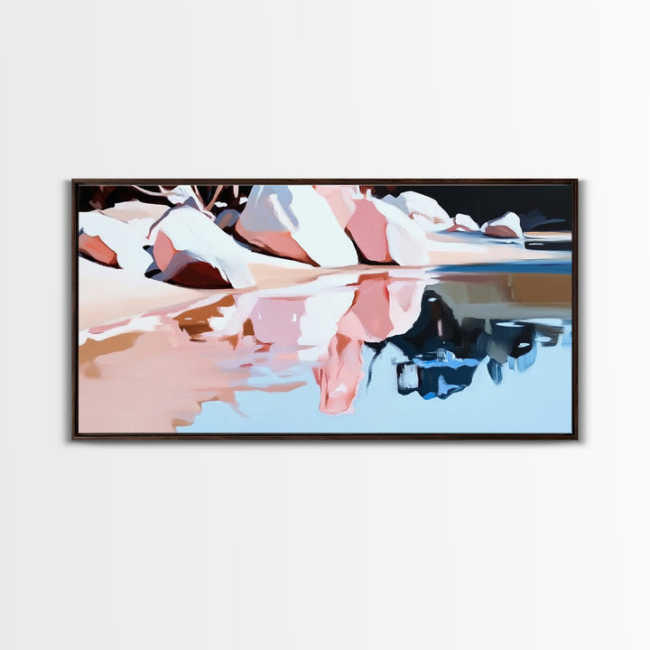 Beach Reflection, Coastal Landscape, Modern Seascape, Minimalist Decor, Framed Canvas Print, Ocean Tranquility, Relaxing Aesthetic