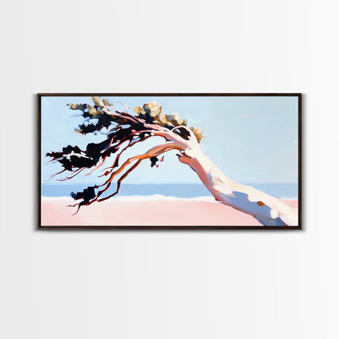 Coastal Tree, Windy Beach, Ocean Breeze, Framed Canvas Print, Minimalist Art, Coastal Wall Art, Living Room Wall Art, Beach House Decor