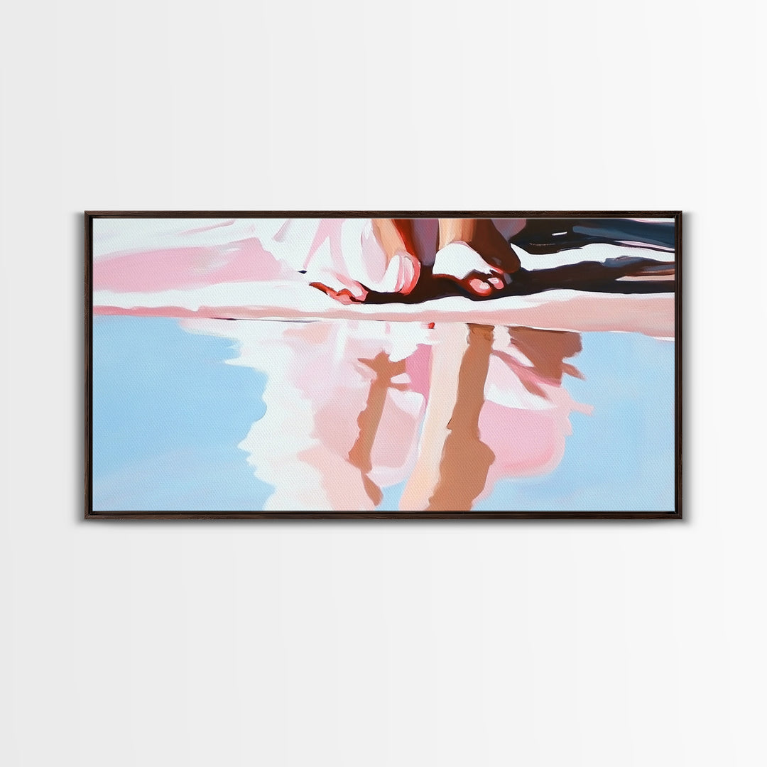 Barefoot Reflection, Sunlit Serenity, Beachside Calm, Framed Canvas Print, Coastal Home Decor, Ocean Art, Dreamy Seascape, Minimalist Aesthetic
