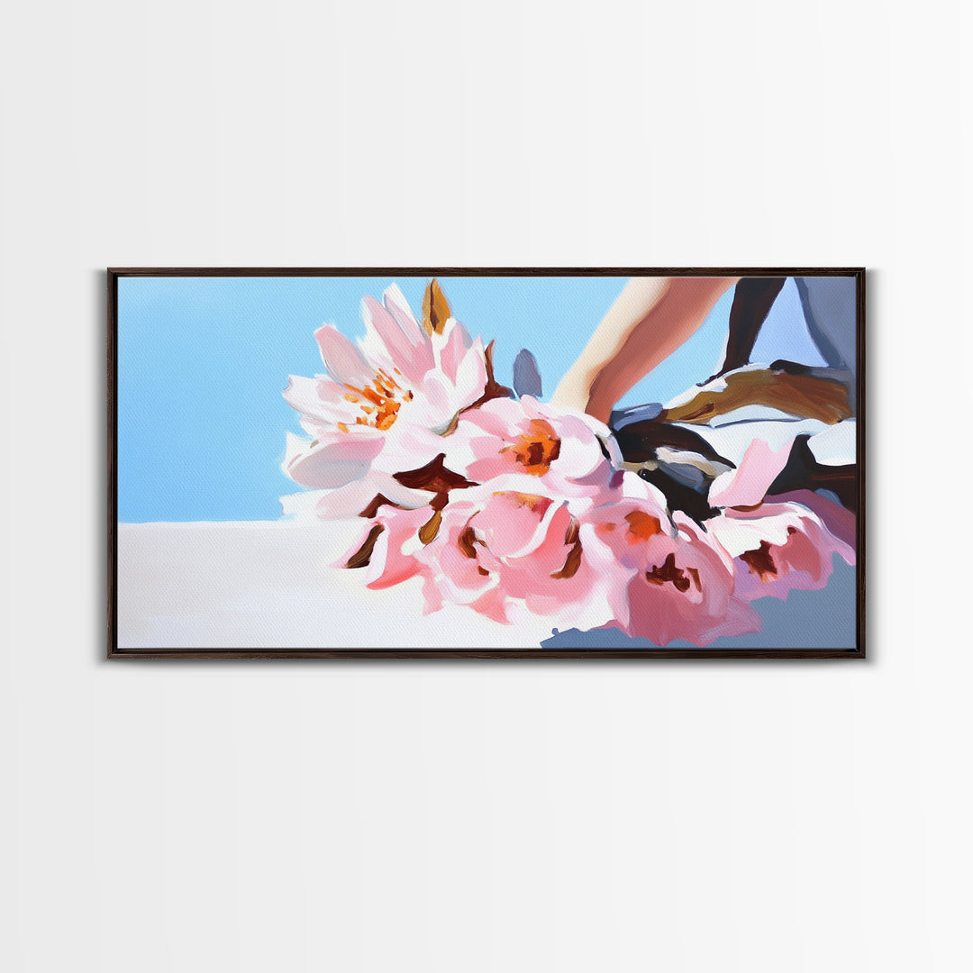 Blush Bouquet, Delicate Flowers, Feminine Touch, Framed Canvas Print, Soft Pastel Decor, Elegant Wall Art, Bedroom Aesthetic, Wedding Gift