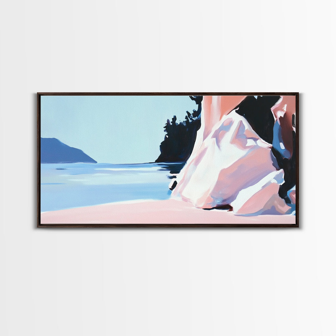 Cliffside View, Tranquil Waters, Framed Canvas Print, Coastal Wall Art, Minimalist Landscape, Serene Home Decor, Blue and Blush Tones