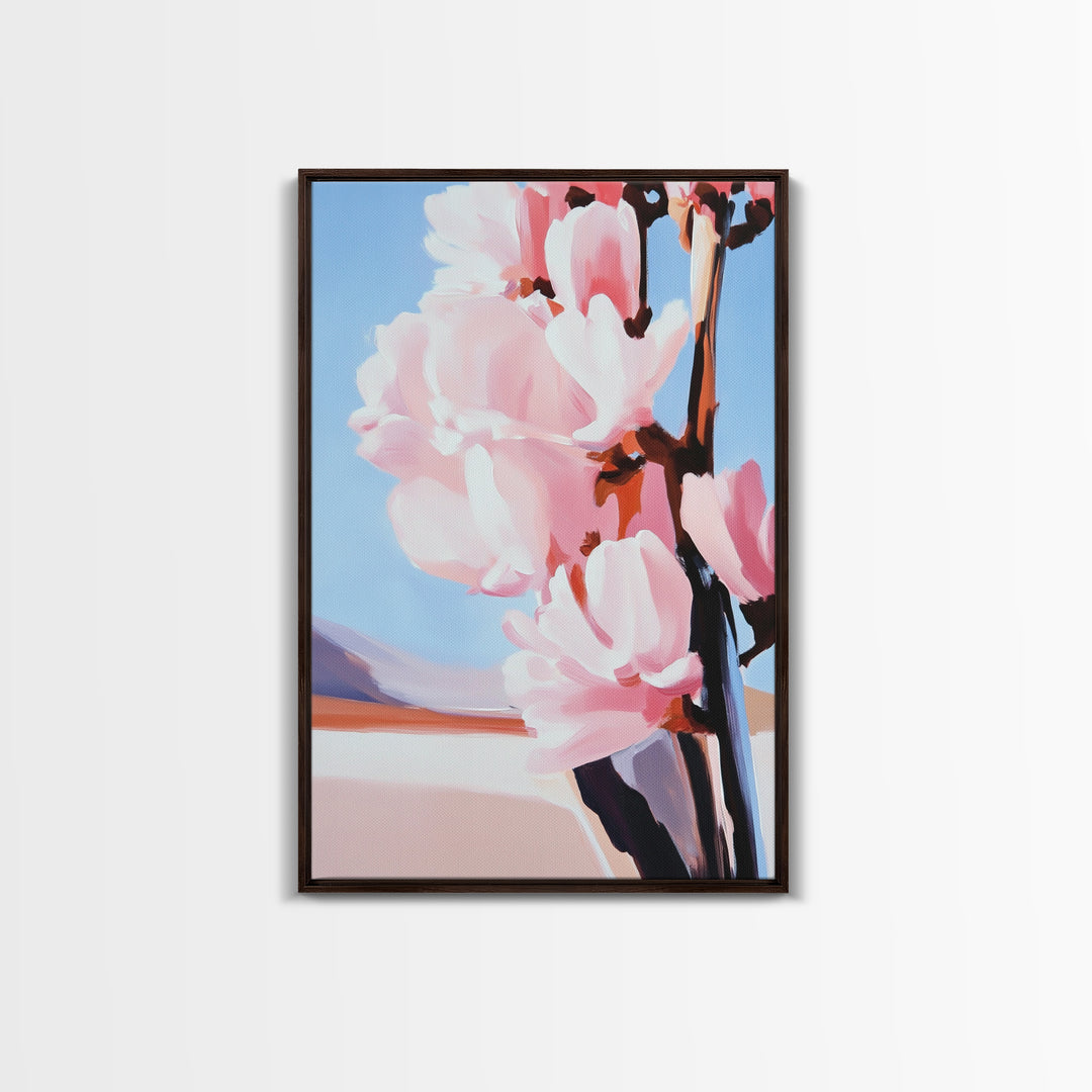 Blush Magnolia Art, Minimalist Floral Painting, Elegant Spring Decor, Pastel Botanical Print, Framed Canvas Print, Bedroom Wall Art