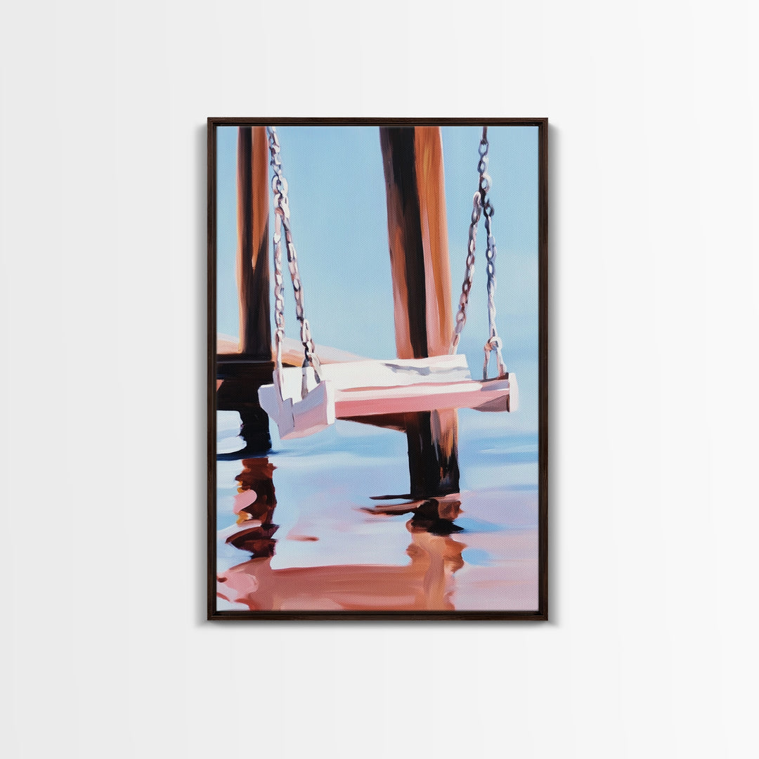 Dock Swing, Reflection Art, Nautical Decor, Relaxing Beach Scene, Minimalist Water Art, Canvas Print, Coastal Wall Art, Rustic Charm