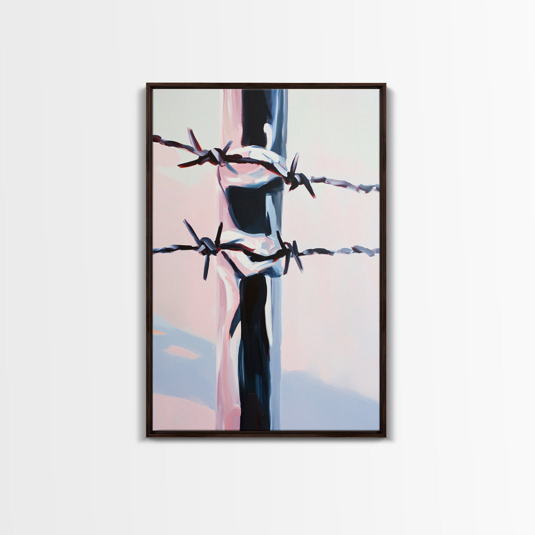 Barbed Wire, Western Art, Minimalist Ranch Style, Rustic Fence, Framed Canvas Print, Modern Wall Art, Cowboy Aesthetic, Bold Home Decor