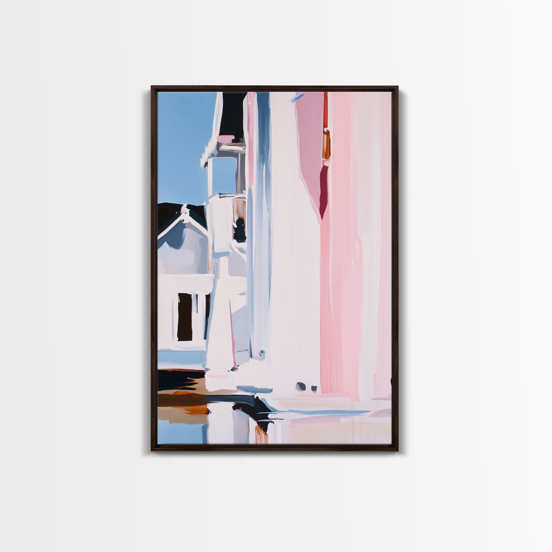 Pink Cityscape, Modern Architecture, Framed Canvas Print, Minimalist Wall Art, Soft Pastel Decor, Urban Home Design, Contemporary Aesthetic