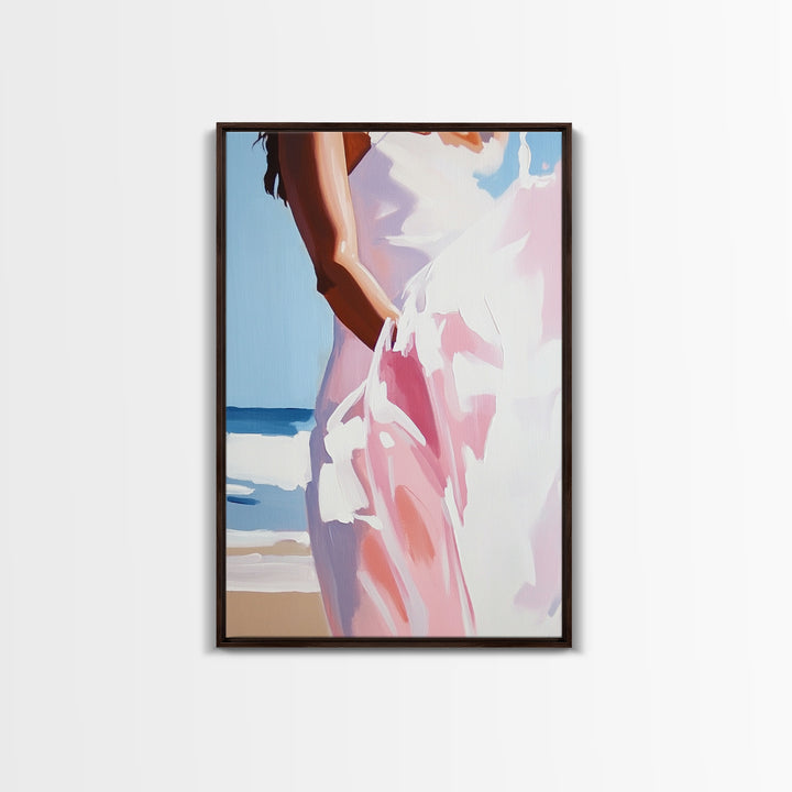 Beach, Dress, Breeze, Feminine, Canvas Print, Minimalist Art, Soft Pastel Art, Bedroom Wall Art, Aesthetic Home Decor, Coastal Wall Hanging
