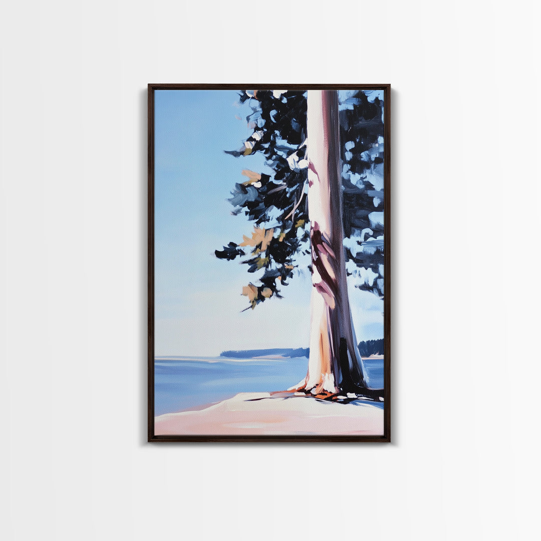 Coastal Tree, Lakeside Art, Tranquil Scene, Framed Canvas Print, Serene Nature Art, Minimalist Landscape, Living Room Wall Art