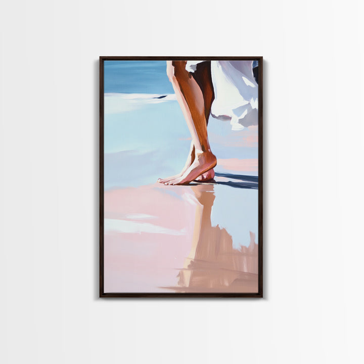 Barefoot Walk, Beach Reflection, Seaside Painting, Framed Canvas Print, Coastal Home Decor, Boho Art, Relaxing Bedroom Wall Art