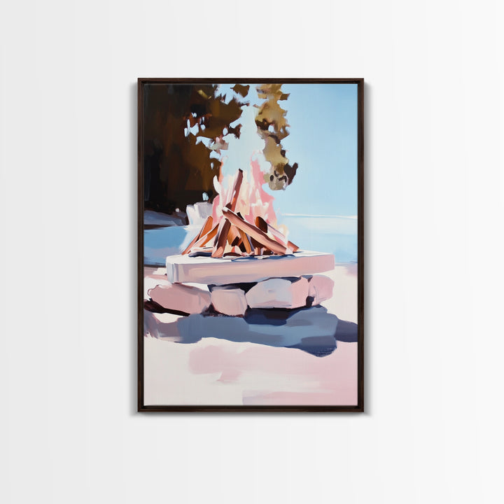 Campfire, Outdoor Retreat, Cozy Night, Framed Canvas Print, Cabin Decor, Rustic Wall Art, Autumn Home Art, Lodge Painting