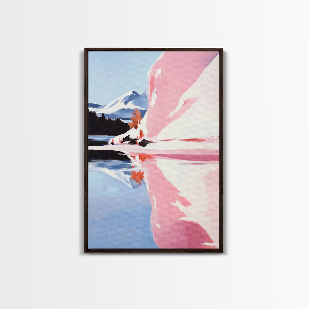 Mountain Lake Painting, Scenic Nature Art, Abstract Reflections, Framed Canvas Print, Boho Landscape, Bedroom Wall Art, Earthy Decor