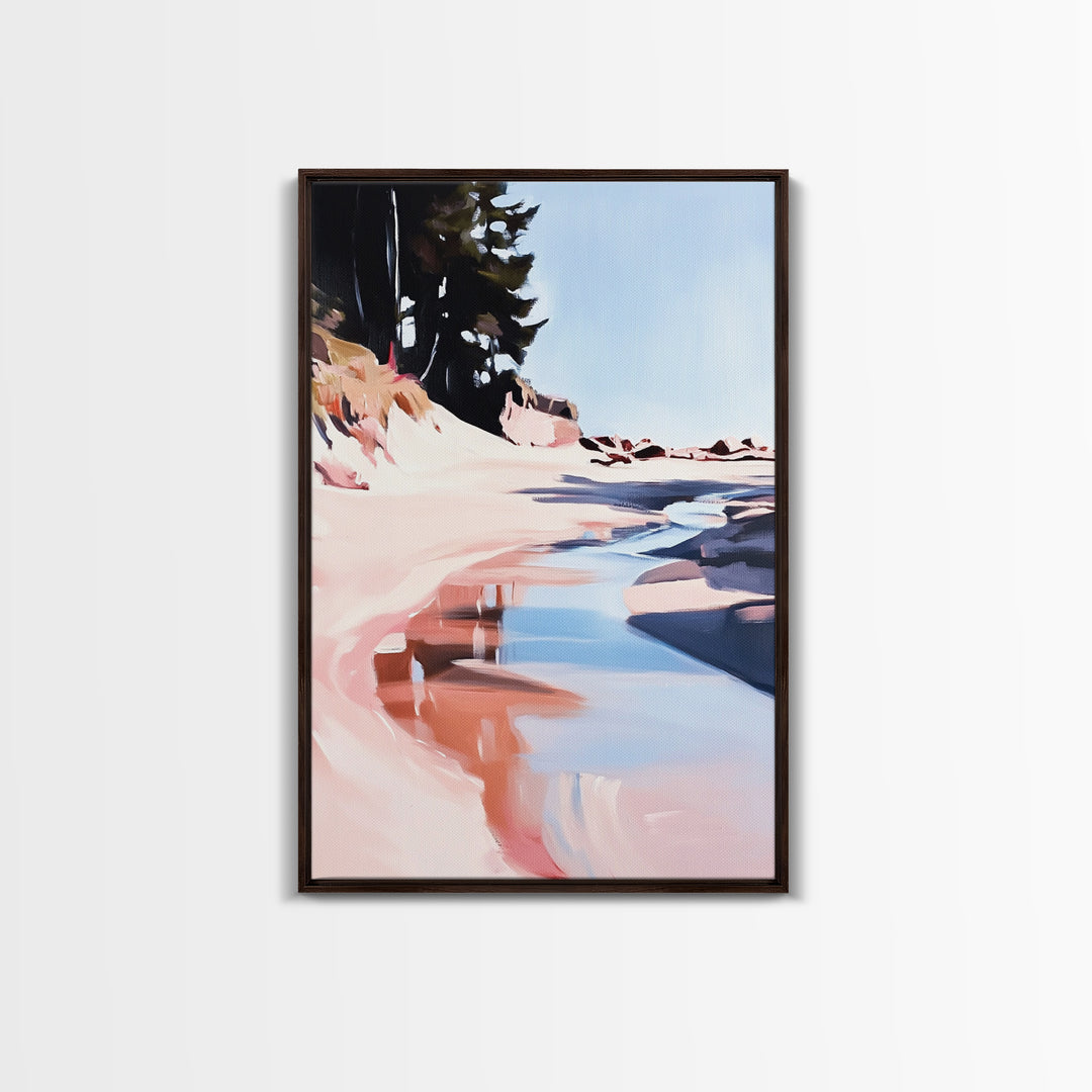 Coastal Forest Scene, Beach Landscape Art, Minimalist Seaside Painting, Framed Canvas Print, Boho Wall Decor, Nature Lover Gift, Bedroom Art