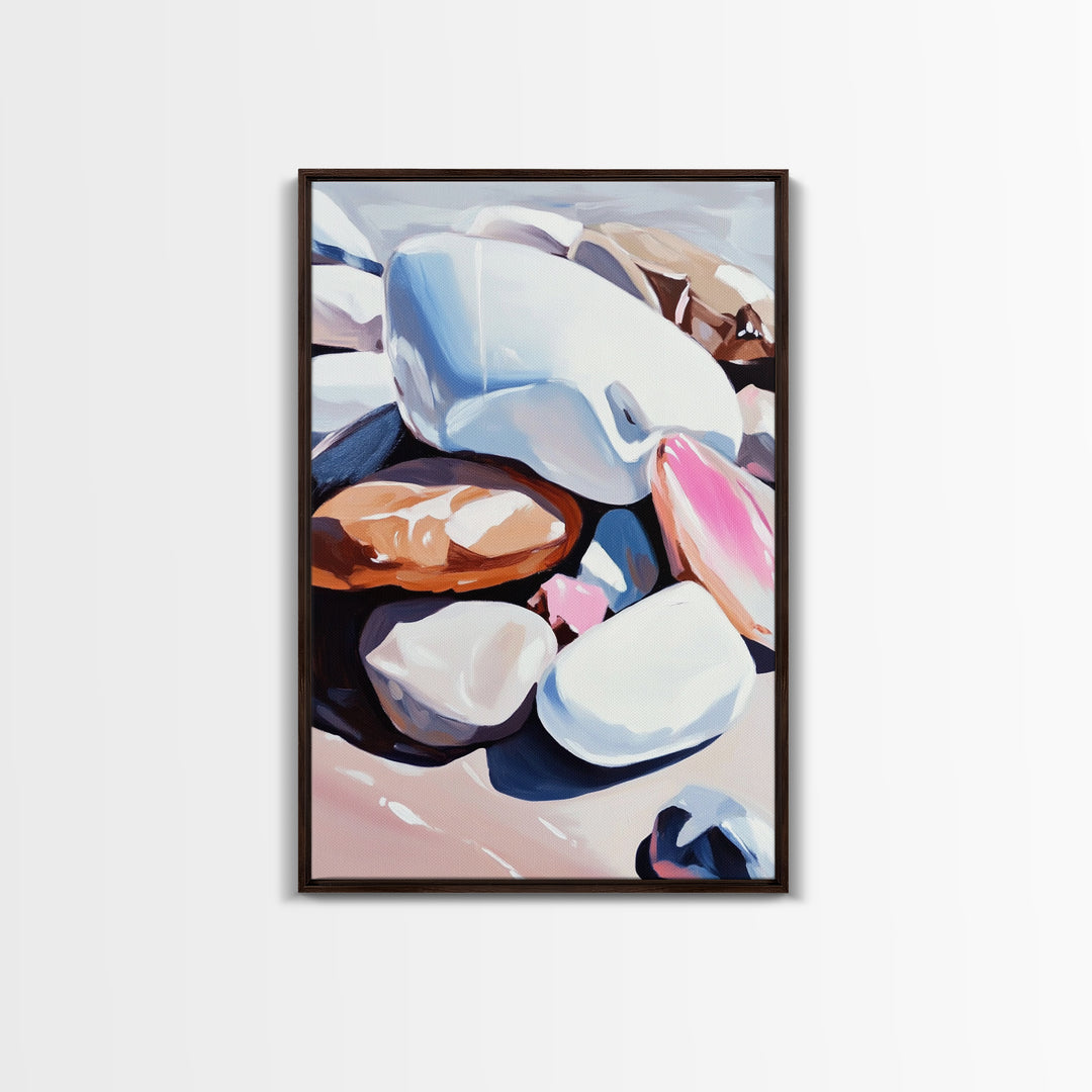 Pebble Beach, Coastal Rock Art, Natural Elements, Earthy Aesthetic, Minimalist Canvas Print, Zen Decor, Tranquil Living Room Art