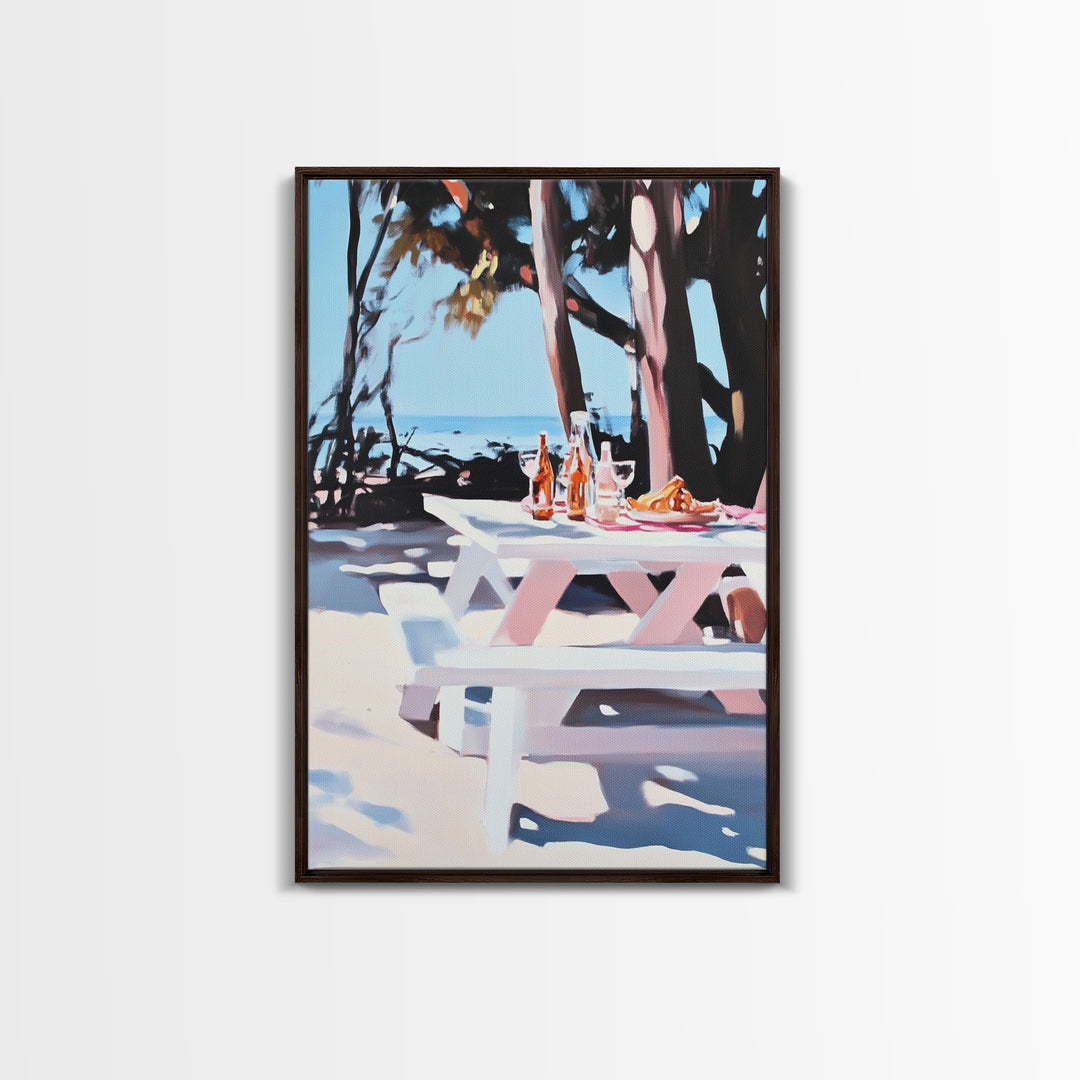 Picnic Wine, Beach Art, Coastal, Relaxing, Dining, Summer, Ocean, Boho, Aesthetic, Outdoor Living, Pastel, Canvas Print