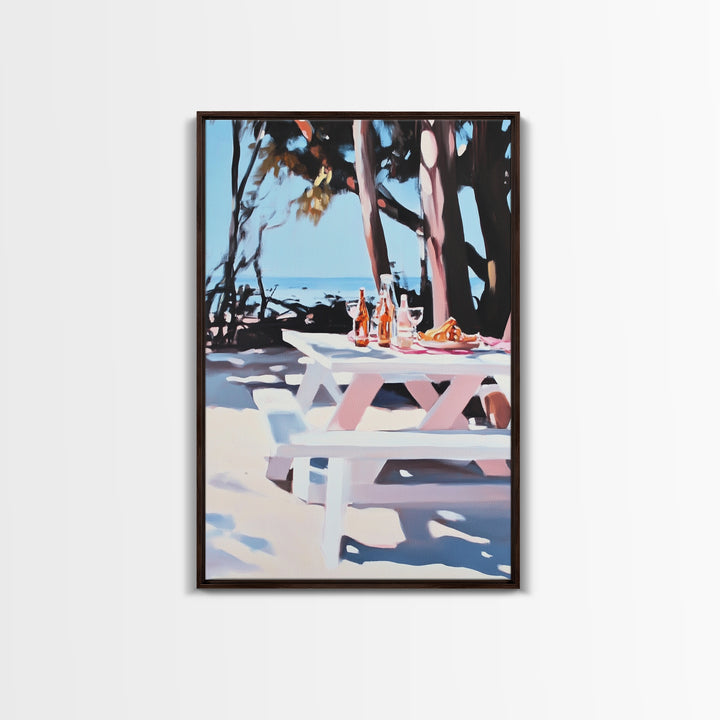 Picnic Wine, Beach Art, Coastal, Relaxing, Dining, Summer, Ocean, Boho, Aesthetic, Outdoor Living, Pastel, Canvas Print