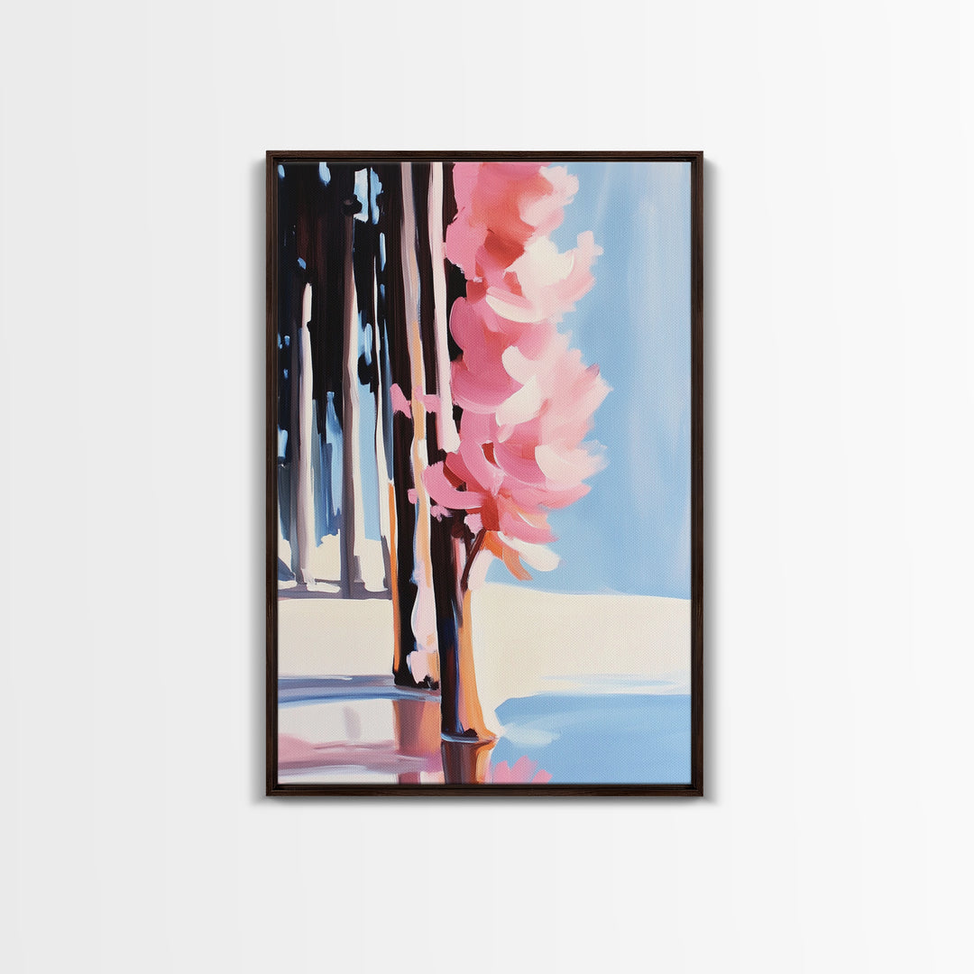 Pink Blossoms, Nature, Floral, Botanical, Spring, Bloom, Elegant, Soft Tones, Romantic, Minimalist, Aesthetic, Framed Canvas Print