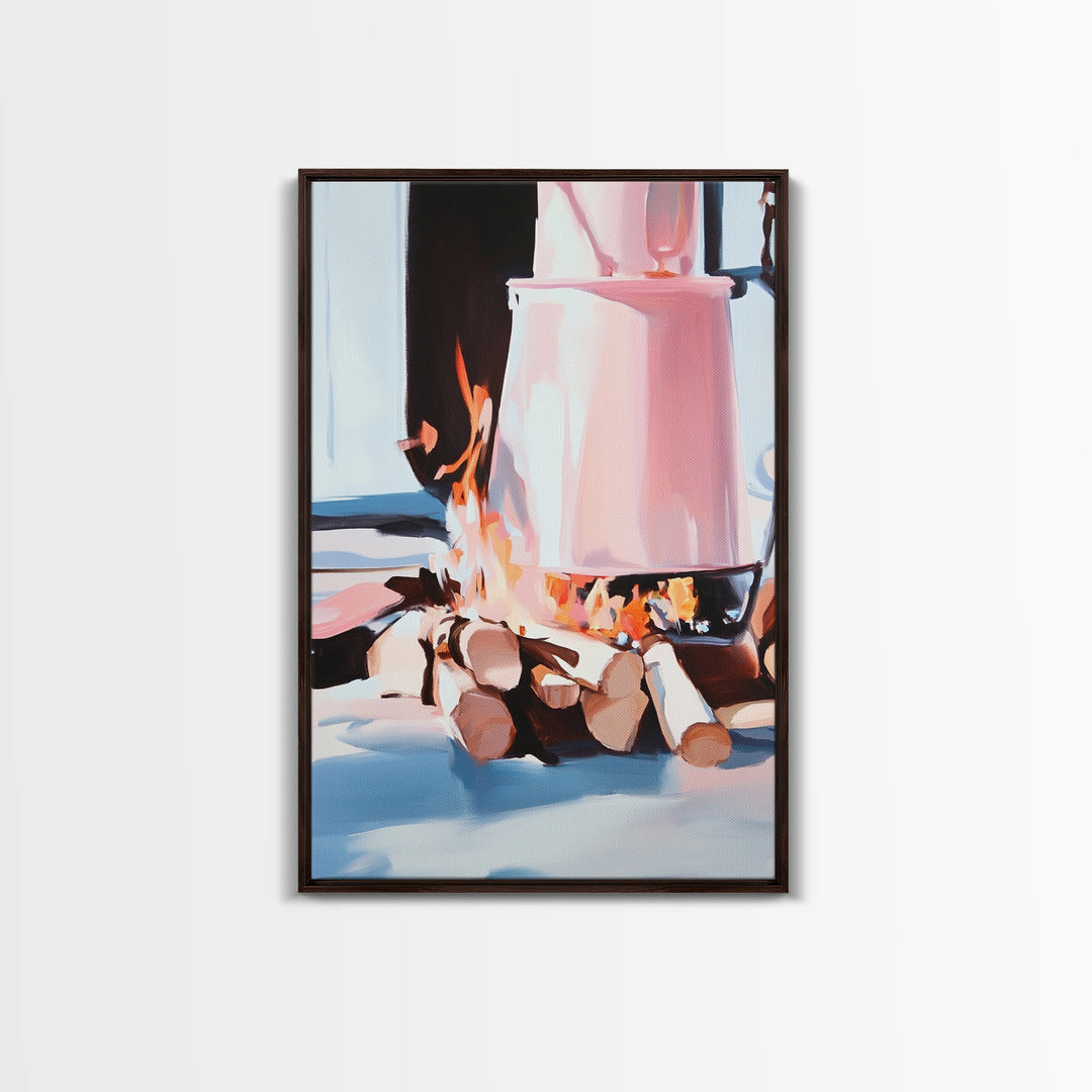 Campfire, Cozy Art, Autumn Decor, Rustic Wall Art, Framed Canvas Print, Cabin Vibes, Warm Aesthetic, Nature Lover Artwork