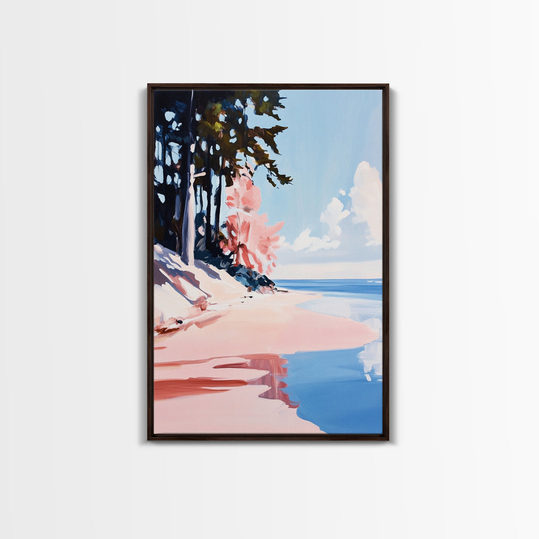 Pine Trees, Coastal Forest, Nature Escape, Lake View, Rustic Art, Peaceful Landscape, Blue and Green, Framed Canvas Print, Cabin Decor