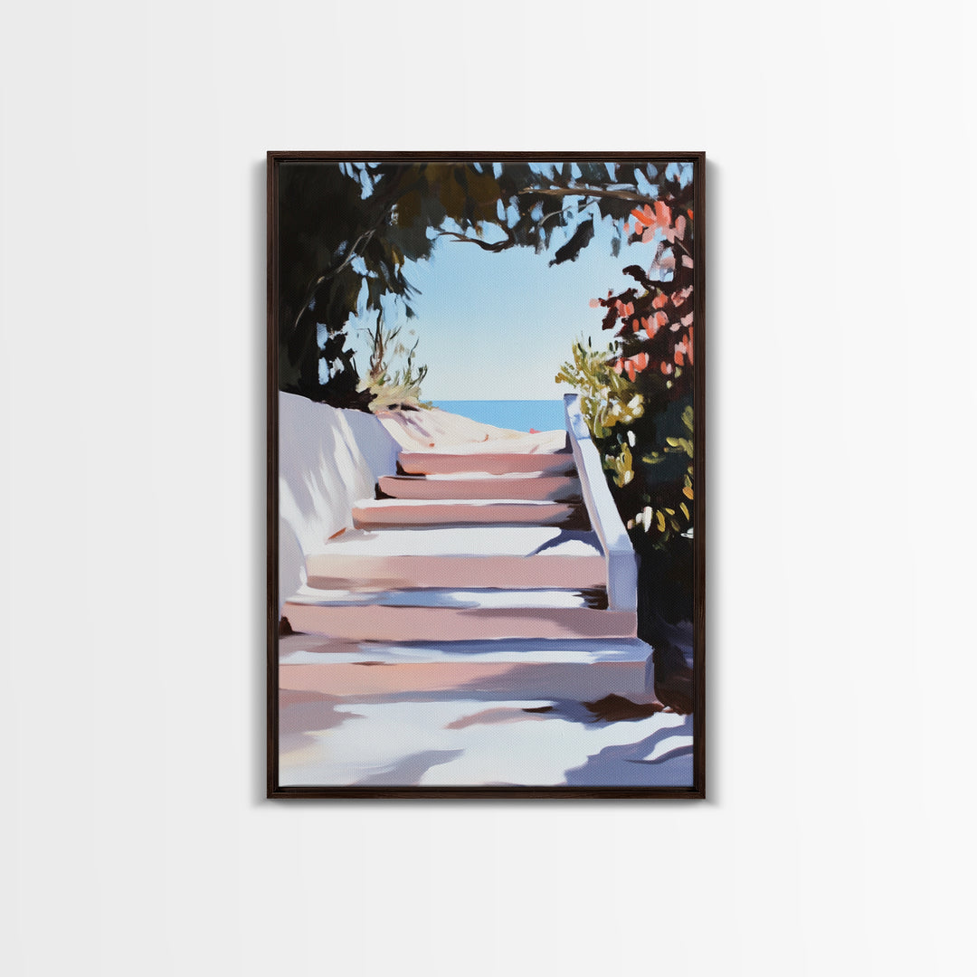 Beach Stairs, Seaside Getaway, Summer Vibes, Tropical Aesthetic, Warm Sunlight, Coastal Home Decor, Framed Canvas Print, Entryway