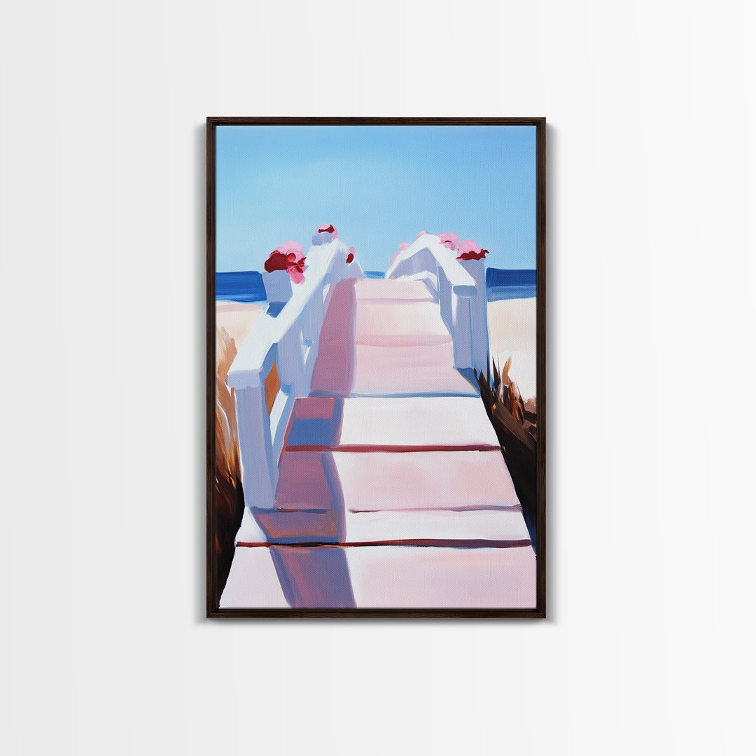 Boardwalk, Beach Print, Coastal Wall Art, Framed Canvas Print, Nautical Aesthetic, Minimalist Ocean Scene, Relaxing Artwork
