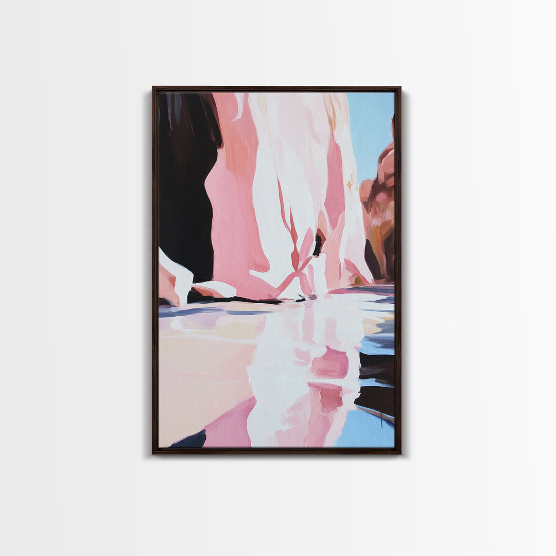 Cliffside Reflection, Coastal Wall Art, Beach House Decor, Blue and Pink Minimalist, Living Room Art, Framed Canvas Print