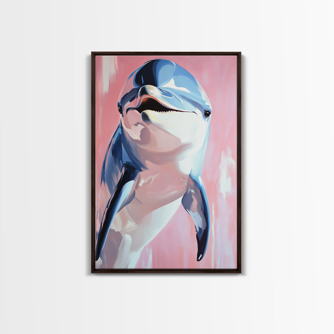 Dolphin Portrait, Ocean Animal Art, Beach House Wall Decor, Coastal Aesthetic, Nautical Art Print, Framed Canvas Print, Pastel Home Decor