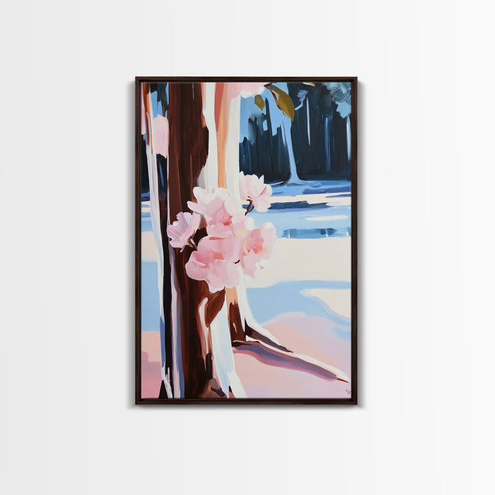 Cherry Blossoms, Winter Trees, Modern Nature Art, Seasonal Wall Art, Framed Canvas Print, Botanical Home Decor, Living Room Artwork