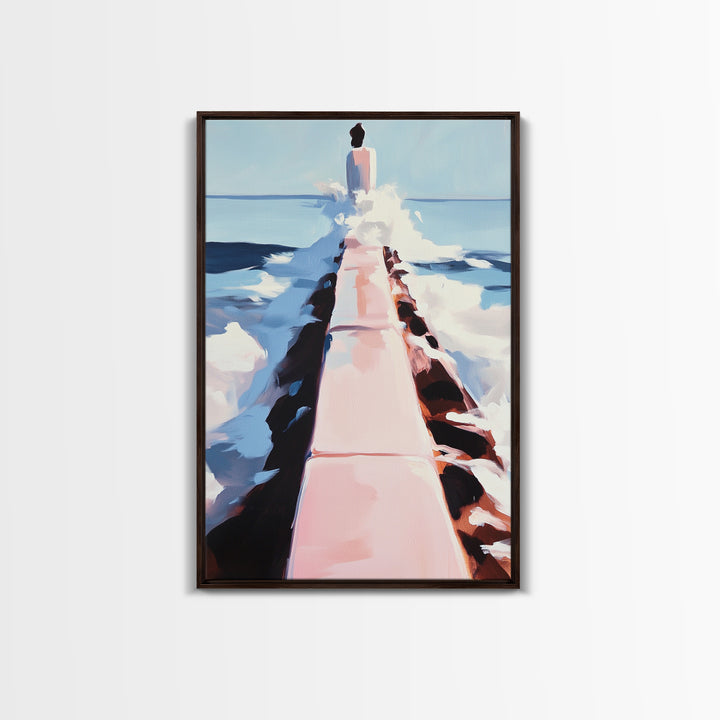 Ocean Walkway, Coastal Landscape, Serene Beach Wall Art, Relaxing Seascape Painting, Framed Canvas Print, Modern Minimalist Wall Art