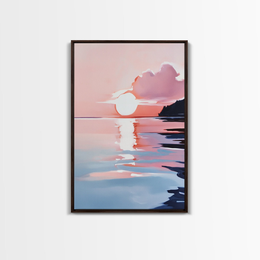 Ocean Sunset, Abstract Seascape Art, Framed Canvas Print, Beach House Wall Art, Modern Coastal Decor, Pink Sky Painting, Bedroom Artwork
