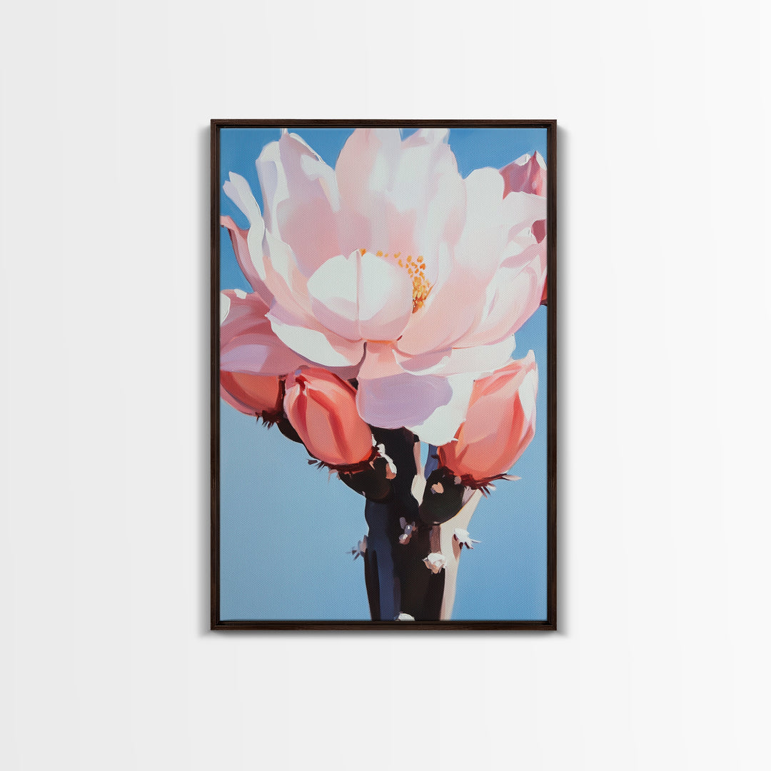 Blooming Cactus, Floral Desert Art, Southwestern Wall Decor, Minimalist Boho Painting, Framed Canvas Print, Pastel Botanical Wall Art