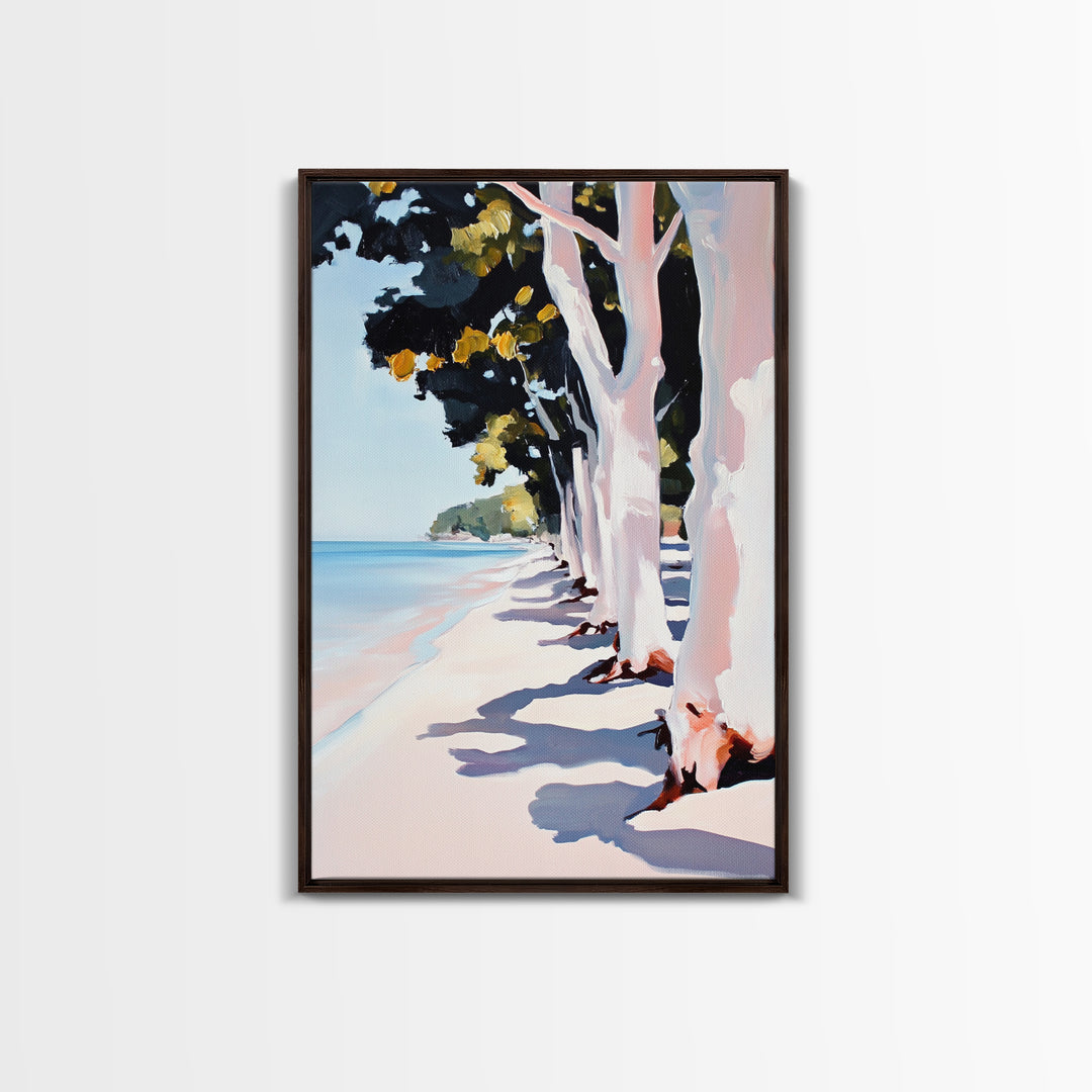 Coastal, Beach Path, Tree Lined, Framed Canvas Print, Ocean View Wall Art, Relaxing Home Decor, Seaside Landscape, Nautical Aesthetic