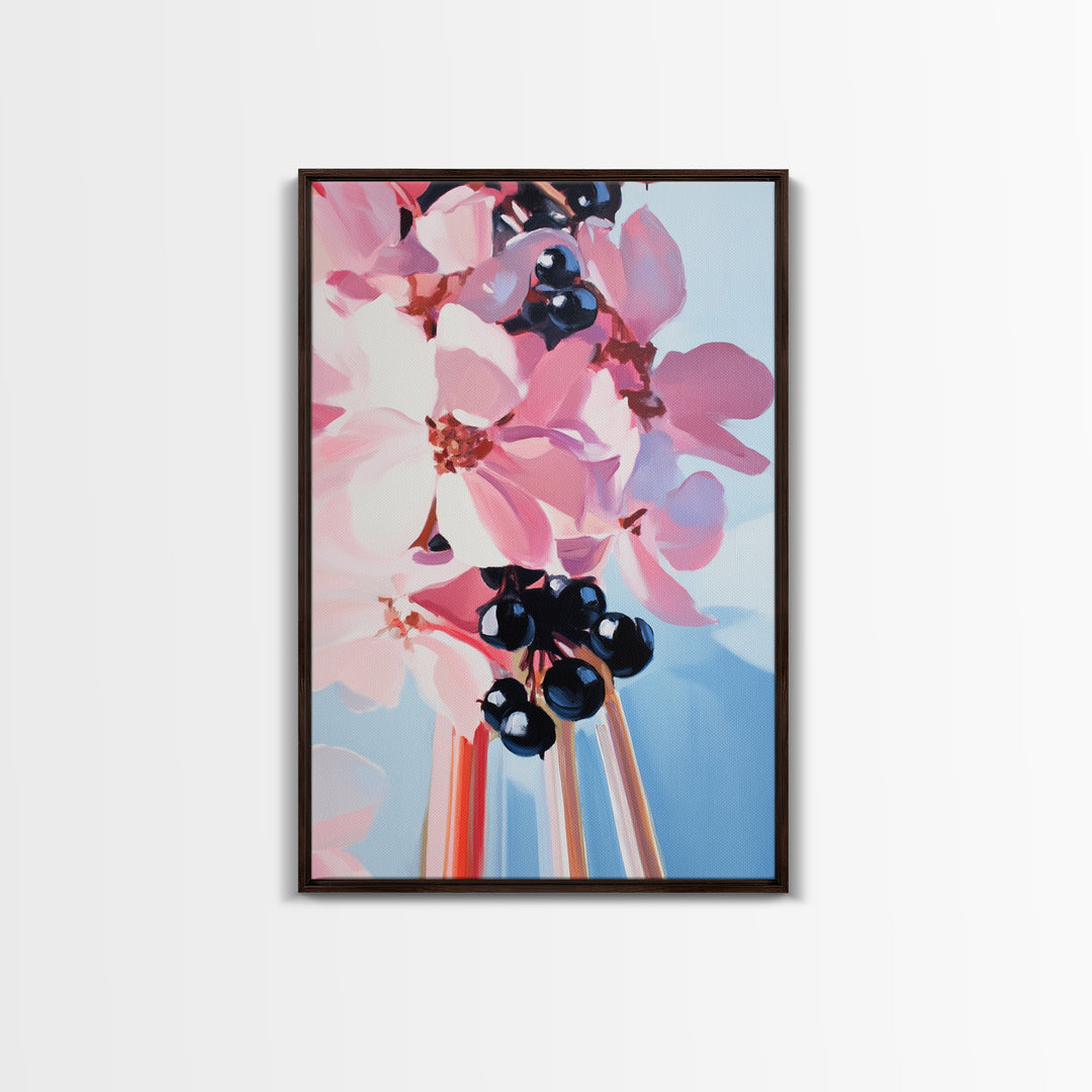 Blooming Flowers, Pink and Blue, Botanical Painting, Soft Aesthetic, Feminine Decor, Floral Home Art, Romantic Wall Art, Canvas Print