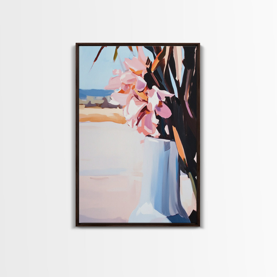 Beach Vase, Coastal Florals, Ocean Breeze, Relaxing Summer Art, Minimalist Aesthetic, Pastel Painting, Living Room Art, Canvas Print